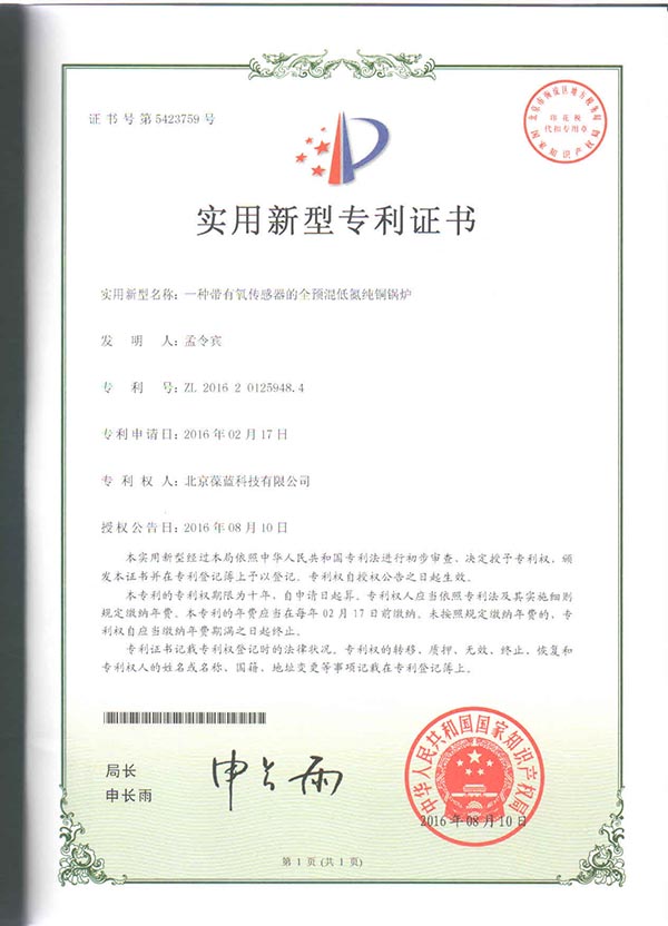 葆藍(lán)專(zhuān)低氮銅管鍋爐 帶監(jiān)控系統(tǒng) 專(zhuān)利技術(shù)
